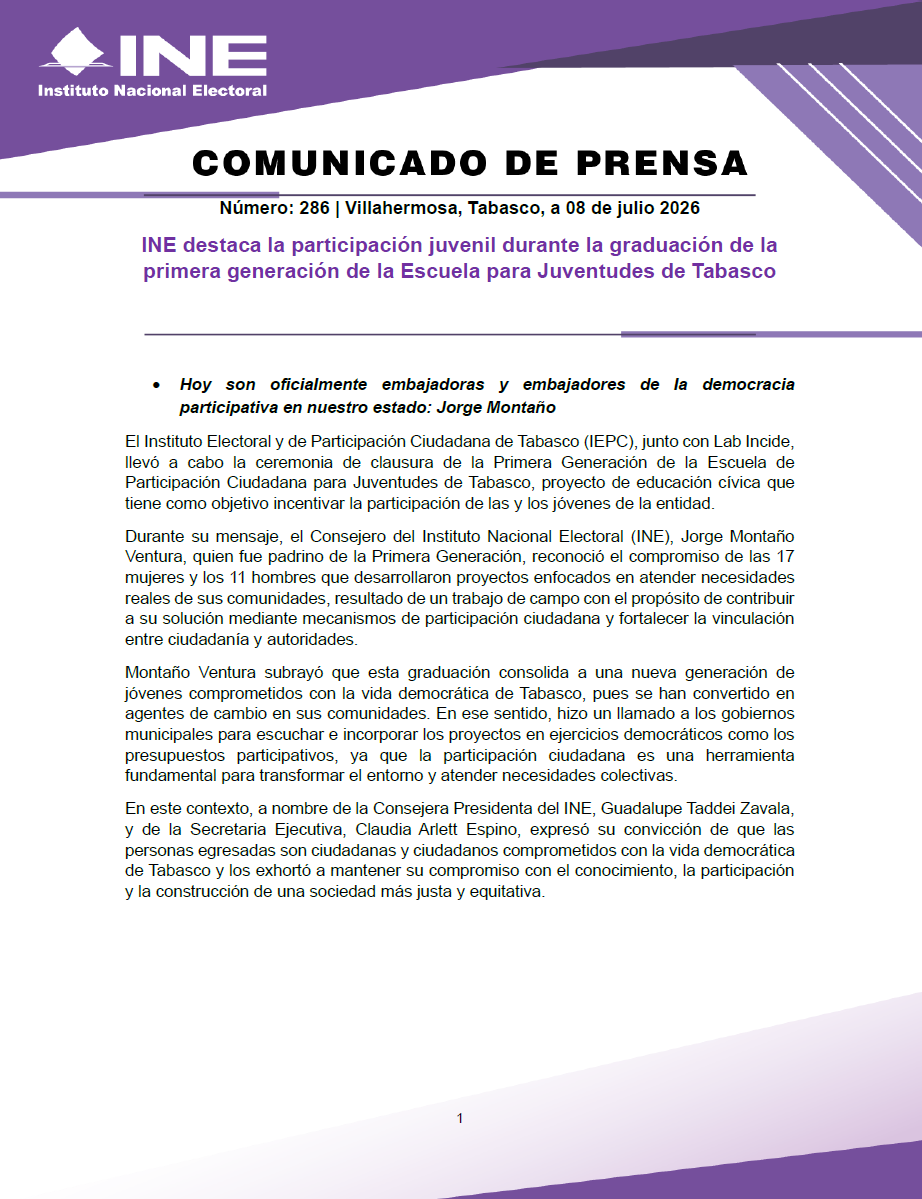 INEMexico's tweet photo. #BoletínINE 📄| INE destaca la participación juvenil durante la graduación de la primera generación de la Escuela para Juventudes de Tabasco. 

🔗Conoce los detalles de la información en el siguiente enlace👇

https://t.co/V7EFfv0Mrs https://t.co/d1FUkmMF6n