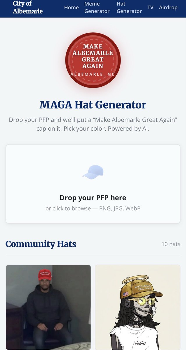 Albemarle_City's tweet photo. ANOTHER ALBEMARLE BANGER IS LIVE! 🚨

Introducing the Albemarle MAGA Hat Generator 🧢

Customizing your profile just got way easier: 📷 Upload your favorite meme or PFP 🎨 
Choose your hat color 🤖 
Let the AI do the rest
It’s officially time to Make Albemarle Great Again.
 Drop your creations in the replies! 👇