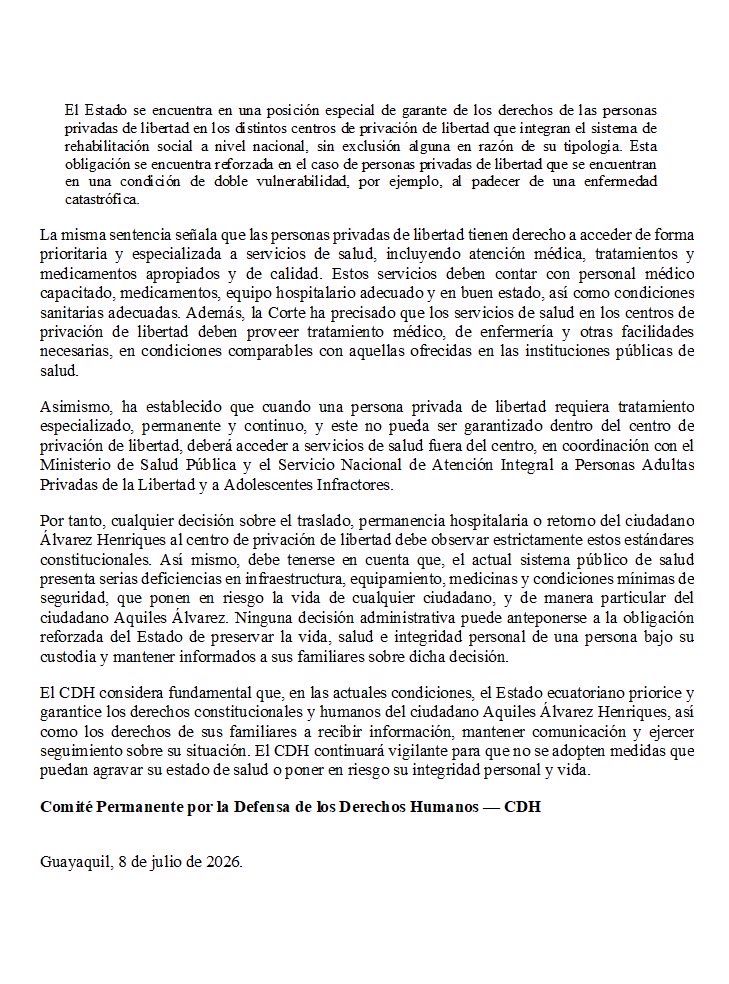 CDHGYE's tweet photo. El Estado debe garantizar la integridad y la vida del Alcalde de Guayaquil.

El CDH recibió una petición de familiar del alcalde de Guayaquil, Aquiles Álvarez Henriques, actualmente privado de su libertad, quien fue trasladado de emergencia a clínica 

Leer comunicado completo. https://t.co/EnM0h0qutL