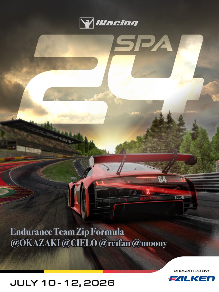 Zip_Formula's tweet photo. iRacingiRacing GT3耐久レース専門チームZip Formulaは
7月11日16時から24 Hours of Spaに参戦します。 

@OKZ_001 
@reifan_jzx100 
@cielo1008 
moony
#iRacing https://t.co/FXHdc1BWuY