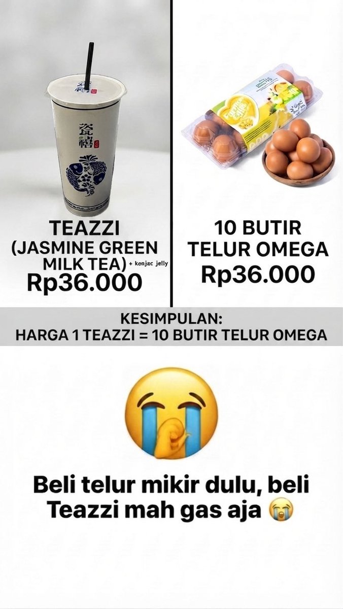 vanillablueb's tweet photo. Ini kenapa ya gue kalo beli telur omega mikirnya sejagat raya sampe akhirnya milih 'yang biasa aja deh', tapi giliran liat Teazzi harganya setara 10 butir telur omega, langsung gas checkout 😭 ada yang relate??😭 https://t.co/THzrL3fbWs