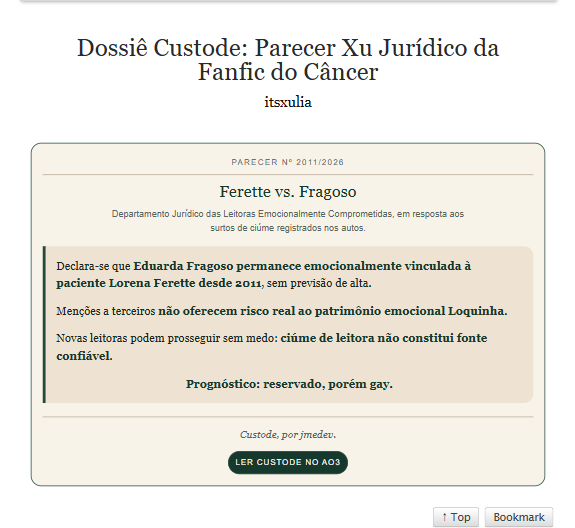 itsxulia's tweet photo. o departamento jurídico das leitoras passionais emitiu parecer oficial:

menções a terceiros não oferecem risco real ao patrimônio emocional loquinha.

leiam >>>sem medo<<<

Custode, a fanfic do câncer:
https://t.co/JXnmfXiIca

parecer xu: https://t.co/m0rYlJdMWz https://t.co/wjDRzTHKIf