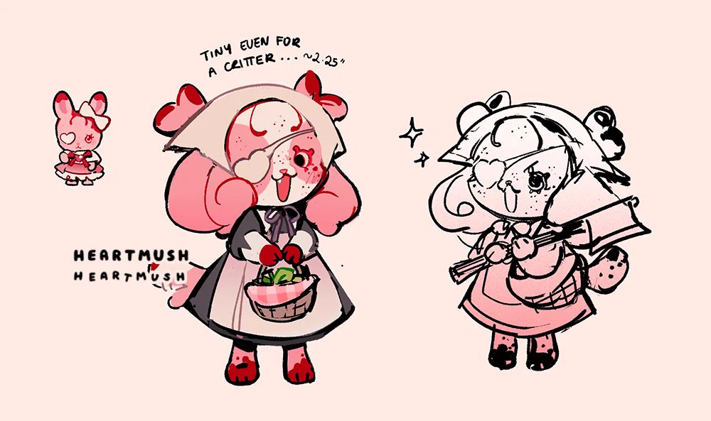 VELVET
she/her, it/its

Three illustrations of my OC, Velvet, as though she were a Sylvanian animal figurine! The first image is of her as a little rabbit, and the other two are as a puppy. She's holding a basket and an axe!