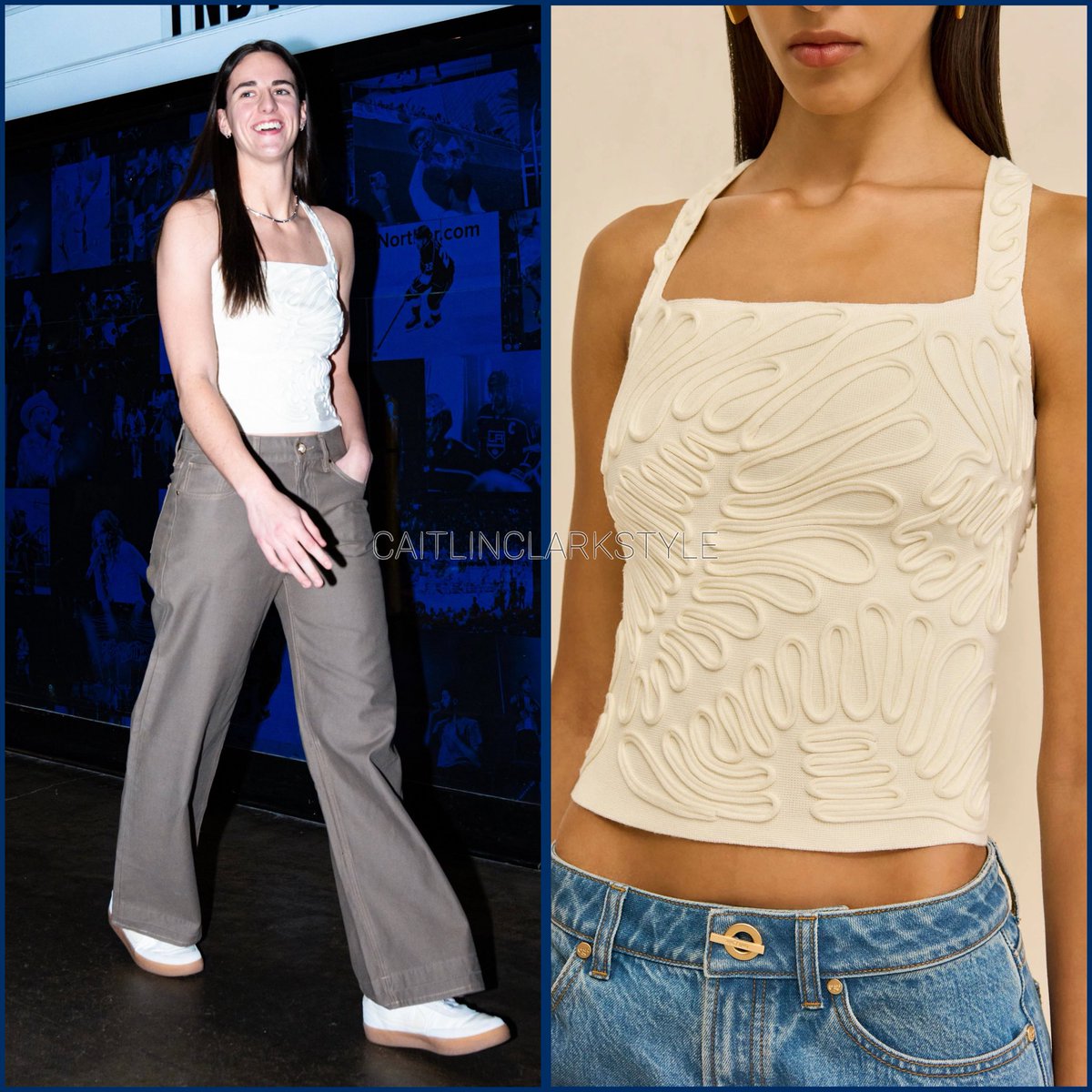 caitlinclarksty's tweet photo. July 8, 2026: @CaitlinClark22 at Fever vs Sparks | wearing #CultGaia Stella Knit Top. Shop: $398 https://t.co/rS9aGxTy7K #CultGaiaPartner
CC in a new to her brand, Cult Gaia. This corded embroidery overlay is so fun! https://t.co/RyUYwUBRGs