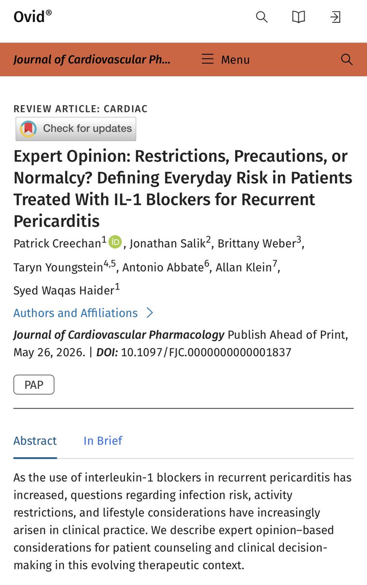 WaqasHaiderMD's tweet photo. Grateful to share our expert opinion in Journal of Cardiovascular Pharmacology.

This one was a true labor of love because it came directly from the questions we hear so often from patients with recurrent pericarditis: “What does life look like on IL-1 blockade?”

How worried should I be about infection? Vaccines? Work? Travel? Masking? Daily life?

Our message: for most patients, IL-1 blockade should mean thoughtful precautions and a return to normalcy, not unnecessary restriction.

Proud to have worked on this with an outstanding multidisciplinary group.

https://t.co/SIQB9438Mh
