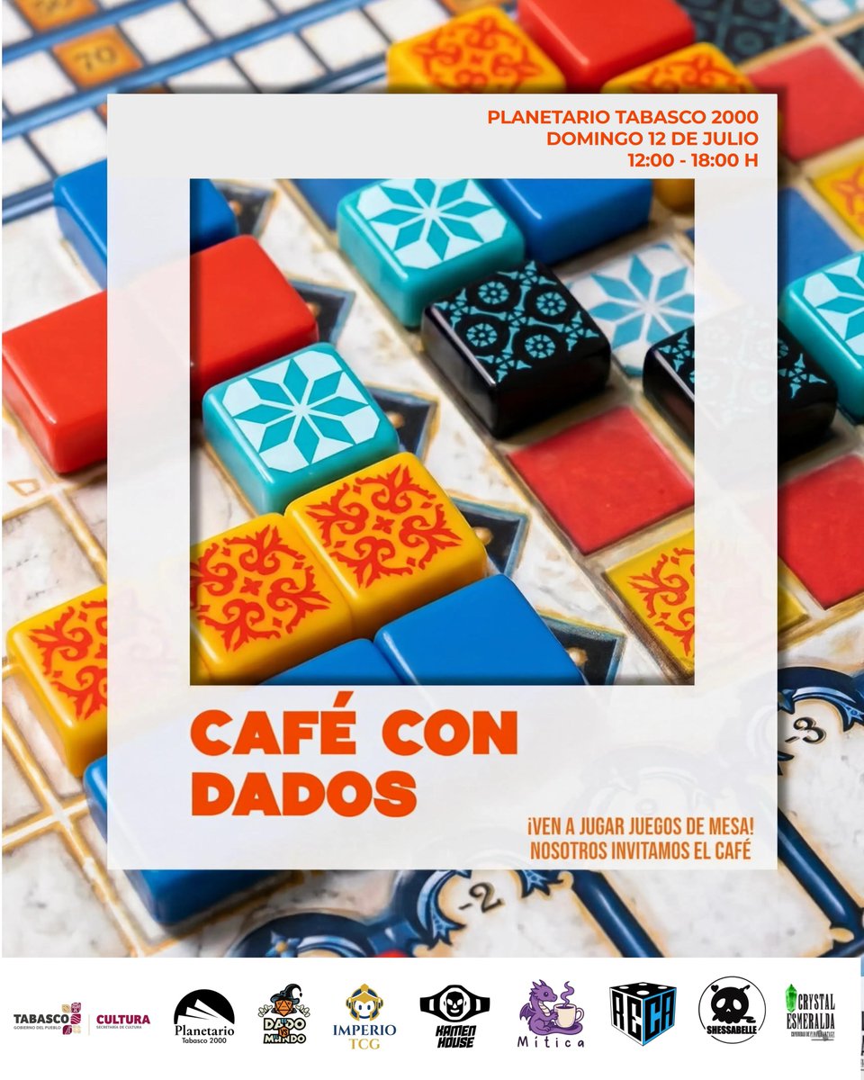 Cultura_Tabasco's tweet photo. ¿Buscando el plan perfecto para el fin de semana? 🤔

Café con Dados 🎲 te invita a pasar una tarde increíble llena de juegos de mesa, estrategia y buen rollo.
Ven con tus amigos, pareja o familia y disfruta de un rico café cortesía de la casa ☕️ mientras descubres nuevos juegos. https://t.co/W1yneJX9hu