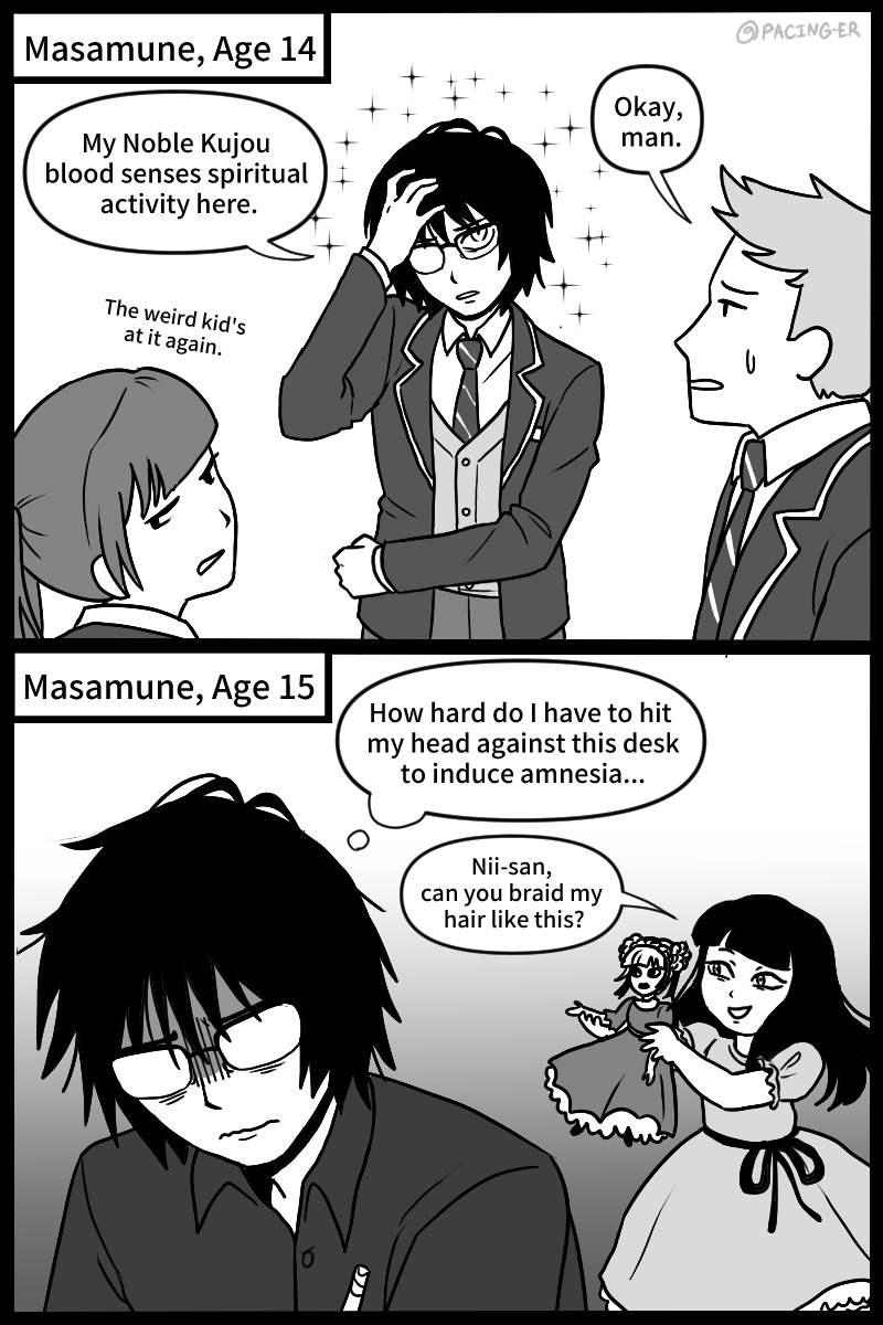 Pacing_er's tweet photo. I hc that Masamune was briefly a chuunibyou before he got so embarrassed that he became an extreme introvert XD #死印 #死噛 #deathmark https://t.co/wDI11UBYVe
