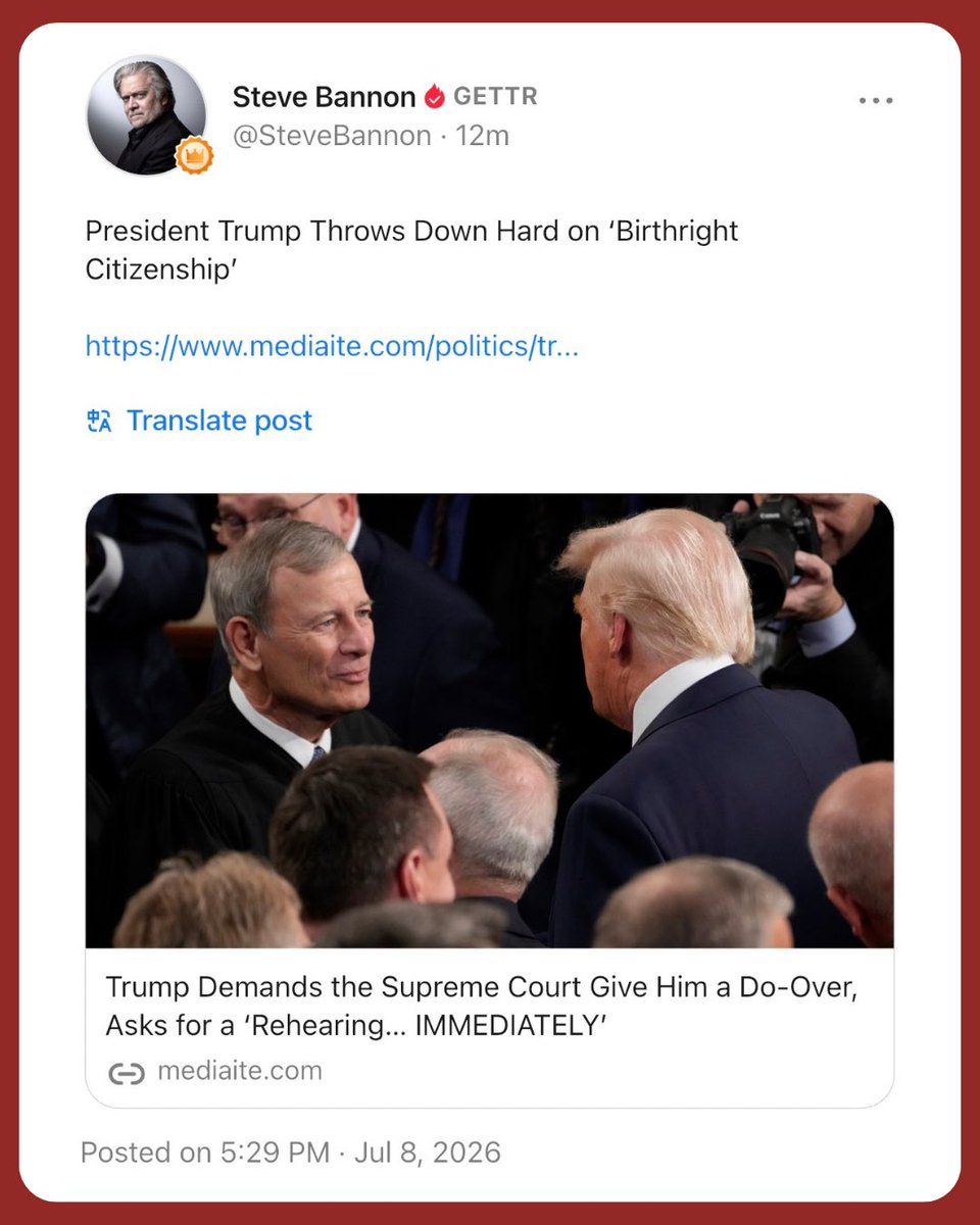 Bannons_WarRoom's tweet photo. President Trump Throws Down Hard on ‘Birthright Citizenship’  

https://t.co/kPAEBHPuiG https://t.co/ZWuBnmRG6c