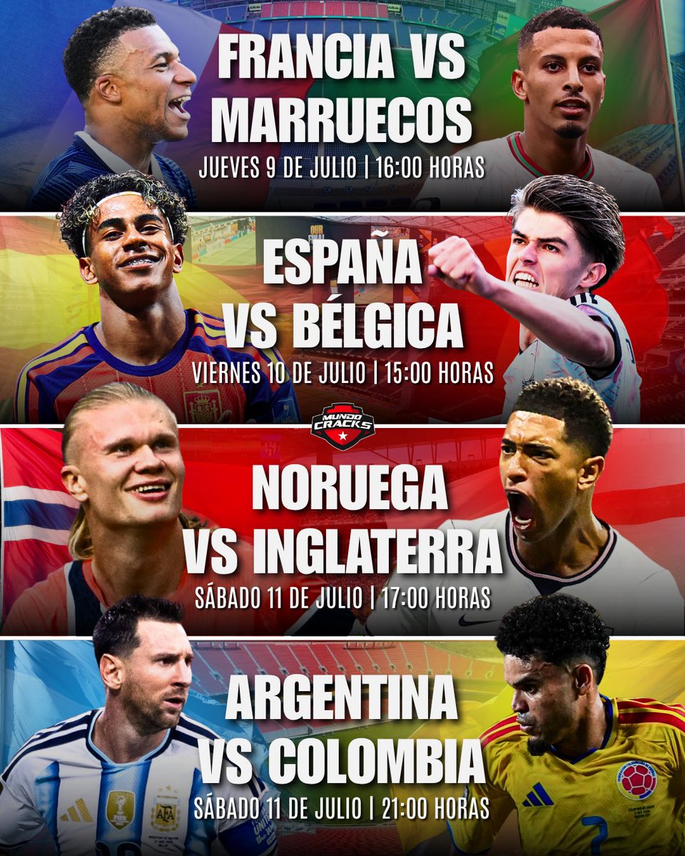 MundoCracksCL's tweet photo. #Mundial2026MC ⚽️ | GUARDA Y COMPARTE: Así quedaron los CUARTOS DE FINAL con los días y horarios confirmados 🗓️🔥🏆👏
• • • 
¿Quiénes pasan a semi según ustedes cracks? ⬇️
#MundoCracks https://t.co/9gPDVgXbMq
