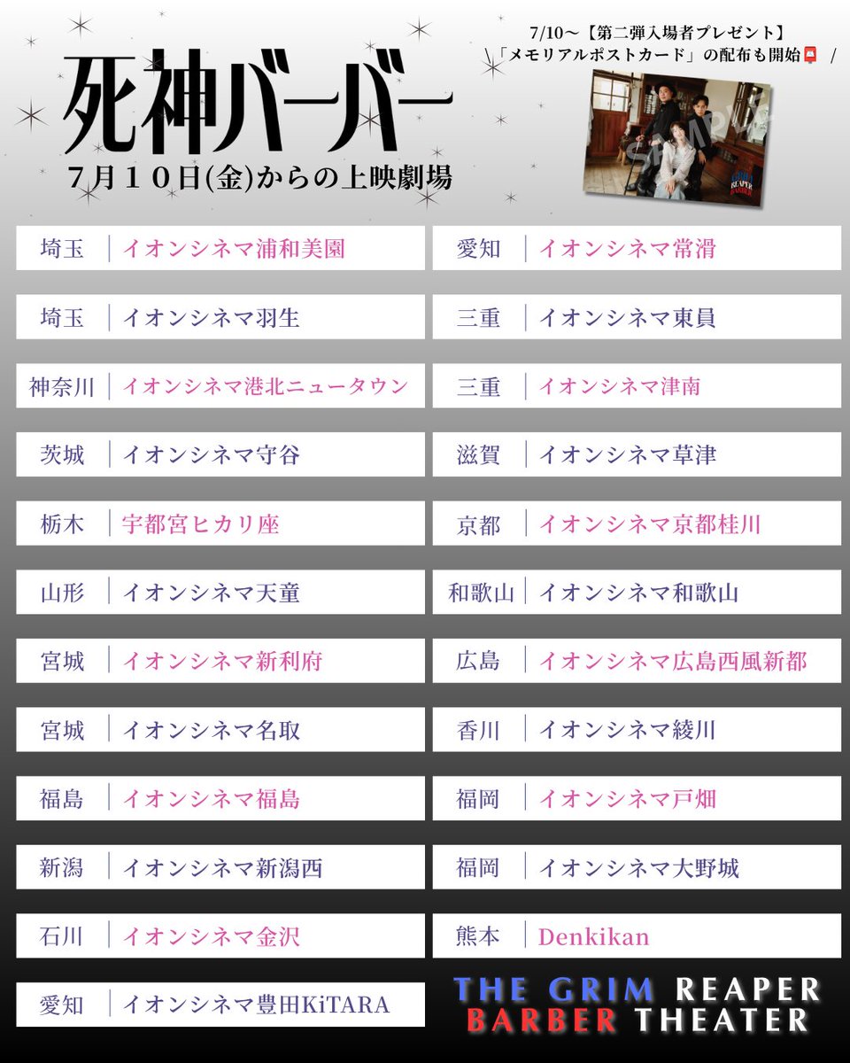shinigami__bb's tweet photo. ━━━＼ 🔔NEWS🔔 ／━━━
映画『＃死神バーバー』
　　　　　上映劇場追加🎉
━━━━━━━━━━━━━━

明日7/10(金)から『死神バーバー』上映劇場
全国で大幅拡大！！㊗️✨

さらに、第2弾入場者プレゼントの配布もスタートします🎁
ぜひお近くの劇場でご覧ください💈✨

🍿上映館のまとめはこちら👇
https://t.co/IFB3H5H1EJ

💈映画『死神バーバー』大ヒット公開中