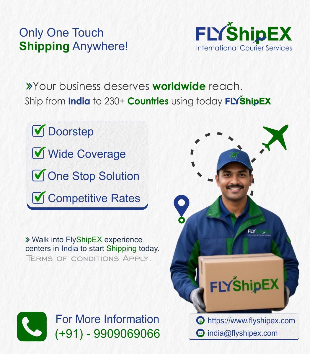 FlyShipEX's tweet photo. With FlyShipEX International Courier Services, expanding your reach is just one touch away. Ship seamlessly from India to over 230+ countries and experience hassle-free global logistics designed to help your business grow.

#business #usa #internationalshipping #competitiverates https://t.co/qG4PL5k6NY