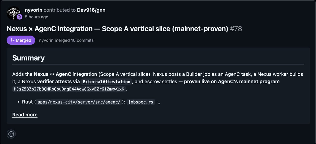 Gh0stNnet's tweet photo. > boot_sequence --stream

[ INFRASTRUCTURE: ONLINE ]
[ NEXUS ↔ @a_g_e_n_c : MERGED ]
[ MAINNET: VERIFIED ]

Builder → Task → Execute → Attest → Settle

The first autonomous execution loop is now connected.

> STATUS: COMPLETE https://t.co/EWBkKvNaNU