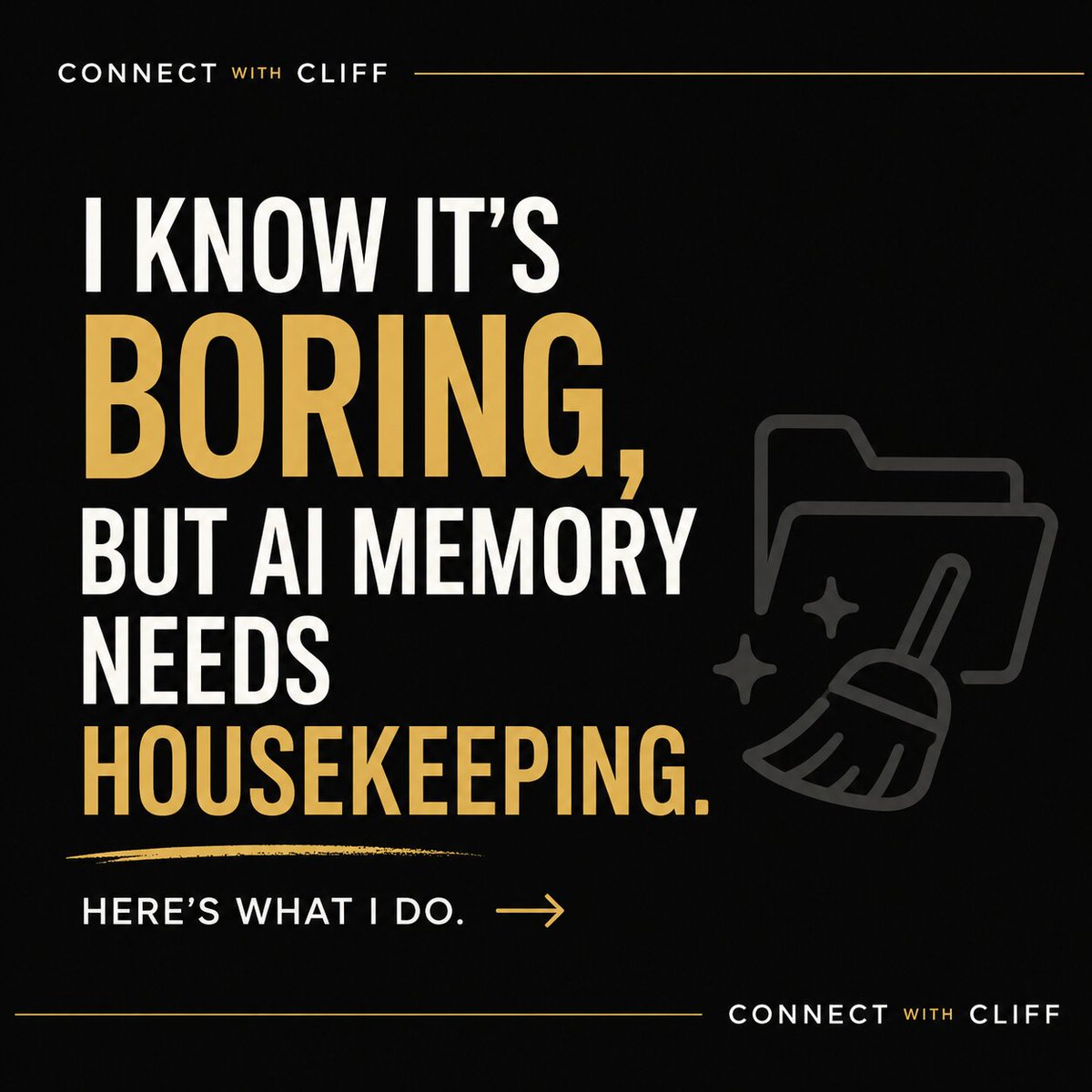 cliff_marquez's tweet photo. Everyone's chasing long-term memory for AI.

We're heading there. No doubt.

But here's what nobody talks about: memory gets stale.

It fills up with old context. Dead projects. Workflows you moved past months ago. The system gets slower, dumber, noisier.

Here's what works for me. Not elegant. Not one click.

End of every month, I sit down with Claude and do a full review. What's stale? What's outdated? What folders and handoffs are adding noise instead of value?

I archive. I delete. I reorganize.

Sometimes new processes come out of that session. Sometimes I realize a folder belongs at root instead of buried somewhere it made sense six months ago.

AI will automate this eventually. But the call on what you've outgrown — that's still you. And it takes real time.

How are you keeping your AI systems clean?