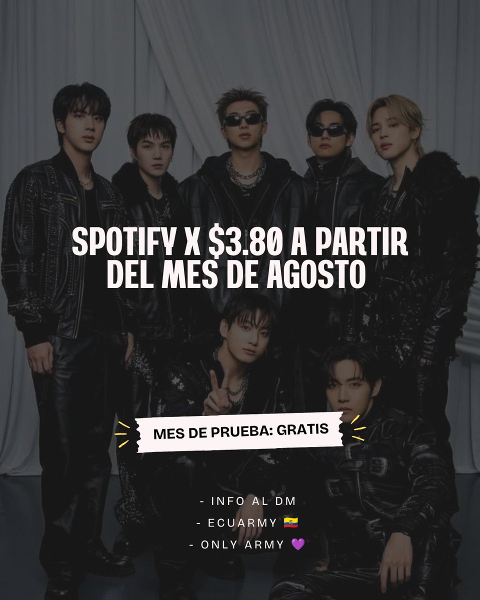 Iluvbts_nahy's tweet photo. HAPPY ARMY DAY!💜

PARA LAS ARMY'S DE ECUADOR 🇪🇨
LES TRAIGO UN MES GRATIS DE SPOTIFY 

📢 REQUISITOS 
1️⃣. ONLY ARMY 
2️⃣. ESTAR COMPROMETIDO EN HACER STREAM A BTS Y SUS INTEGRANTES 
3️⃣. MÁS INFO: DM

👥: ESPACIO LIBRE PARA 2 https://t.co/u6pH9DyjiZ