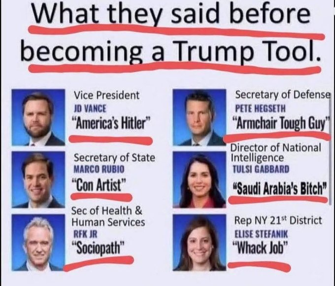 nolietees's tweet photo. @WhiteHouse Trump's Administration.
Their TRUE Feelings which they have to push down because they put their Political Ambition OVER INTEGRITY.
#Vance #Rubio #Hegseth #RFKJR #Gabbard #Stefanik #Trump #MAGA #Whitehouse #Republican @GOP https://t.co/YfvOjmGhEd