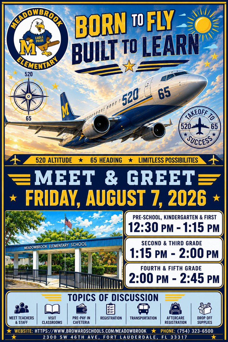MeadowbrookElem's tweet photo. ✈️ Ready for takeoff? Join us for Meadowbrook Elementary's Meet &amp; Greet on Friday, Aug. 7! Meet your teacher, visit classrooms, drop off supplies, and get ready for an amazing year. 💙💛 Born to Fly. Built to Learn. https://t.co/8QWnuPVsK8