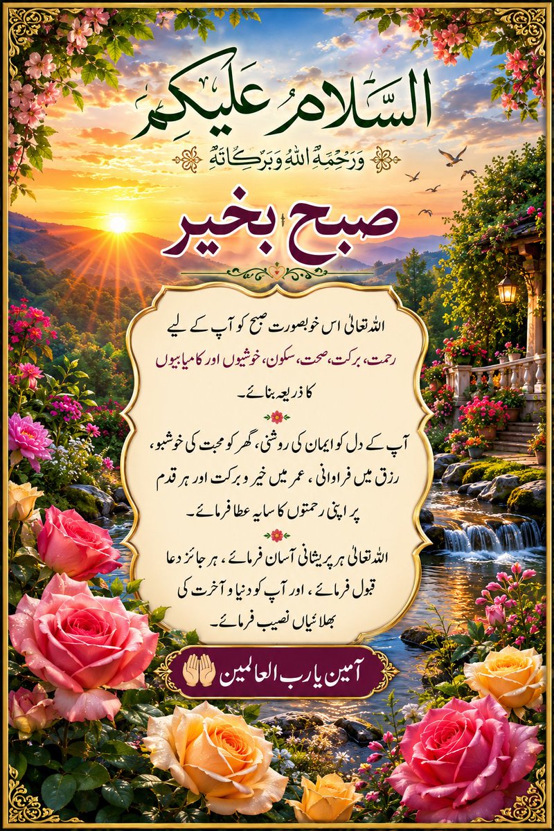 Sky786B's tweet photo. 🌅 السلام علیکم، صبح بخیر!
اے اللہ! اس نئی صبح کو ہمارے لیے رحمت، برکت، سکون اور کامیابی کا ذریعہ بنا۔ ہمارے گناہوں کو معاف فرما، رزق میں برکت عطا فرما، ہر پریشانی آسان فرما، اور ہمارے دلوں کو اپنی محبت اور ایمان کی روشنی سے منور رکھ۔
آمین یا رب العالمین 🤲☀️🌹 https://t.co/aHcdvhxfHF