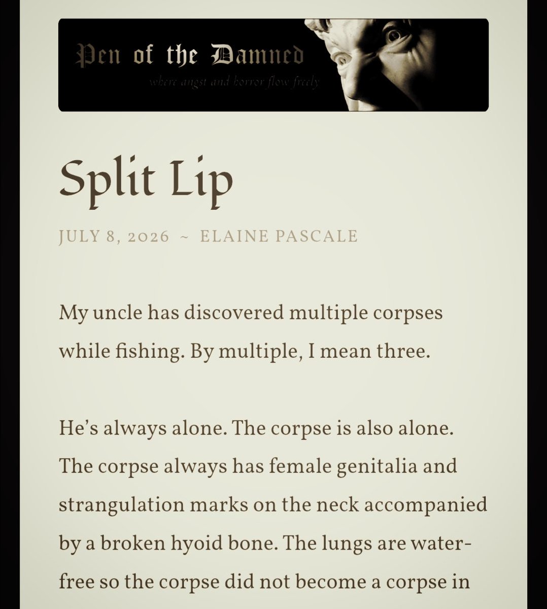 LeeAndrewForman's tweet photo. This week's story on Pen of the Damned is 'Split Lip' by Elaine Pascale
Read the rest of this tale and more at https://t.co/Rp0SKev3N1
@penofthedamed #penofthedamned #potd
#horror #flash #fiction #flashfiction #darkfiction #shortstory https://t.co/Qr5QKUeqPm