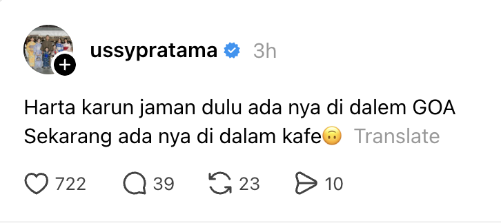 insidefolkative's tweet photo. Ussy Sulistiawaty dalam postingan terbarunya di Threads:

"Harta karun jaman dulu ada nya di dalem GOA Sekarang ada nya di dalam kafe🙃" https://t.co/9YgTcqfMk5