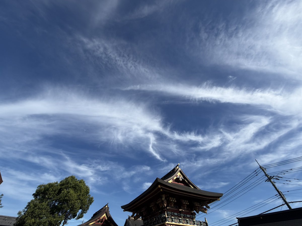 molphy73's tweet photo. 昨日、 大杉神社て見上げた空☺️

ここは龍神さまのいる神社なんだけどお参り終わって見上げたら

龍神さまいるみたいに見えたよ☺️ https://t.co/SN2fVkyDkf