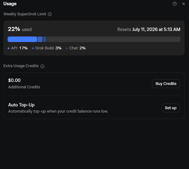 TheGodspeaker's tweet photo. While Grok 4.5 is great, there is one issue:
It burns through your quota very quickly.
I ran just 3 or 4 small tasks in Hermes, and I’ve already used up 17% of my weekly allowance.
In terms of quota, Claude undoubtedly offers the most—provided your account doesn't get banned. https://t.co/byjP49NE6C
