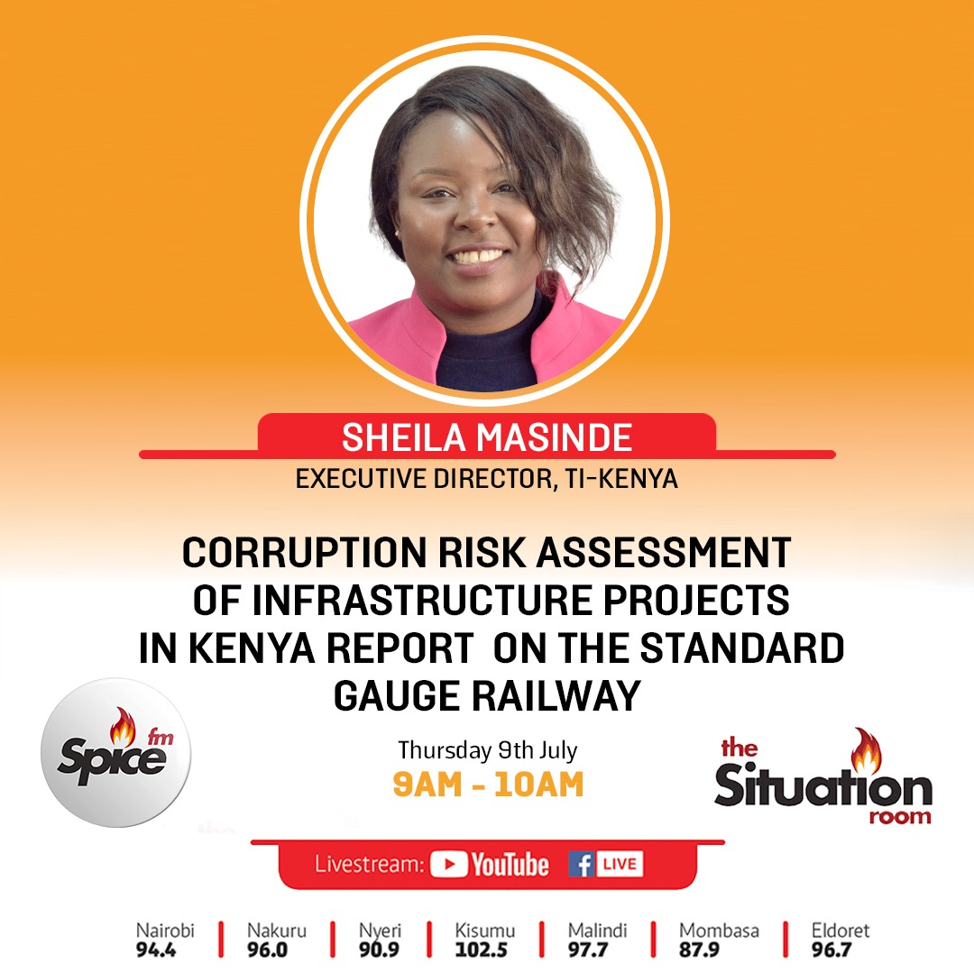 TIKenya's tweet photo. 🔴 Happening NOW!

Tune in to The Situation Room on @SpiceFMKE  as @SheiMasinde, our Executive Director, unpacks the Corruption Risk Assessment of Infrastructure Projects in Kenya Report with a focus on the Standard Gauge Railway (SGR) Phase 1 and 2.

🕘 Live now (9AM–10AM)
📺 Watch: YouTube & Facebook Live and @KTNNewsKE 
📻 Listen: Spice FM across the country

Don’t miss this important conversation on accountability and public infrastructure.

https://t.co/BbCvdGxWJi

#Accountability #SGRReport