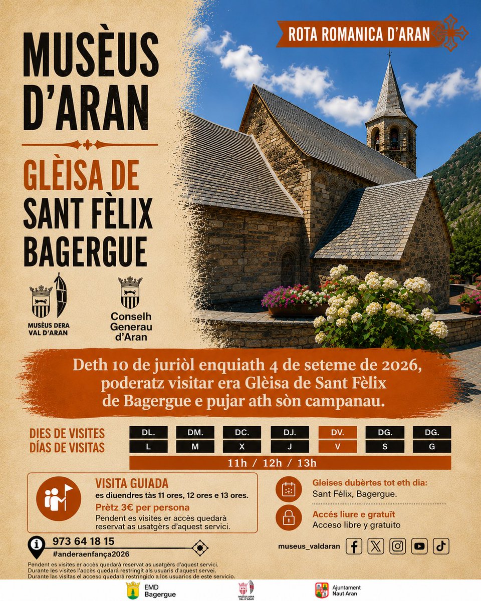 Bagergue_Aran's tweet photo. 🏛️ Aguest diuendres 10 de juriòl s'inície era Rota Romanica d'Aran damb @Museus_ValAran 
⛪ Visita era Glèisa de Sant Fèlix de Bagergue e puja ath sòn campanau.
👥 Visites guidades cada diuendres: 11, 12 e 13 ores. 💶 3 €
📍 Deth 10 de juriòl enquiath 4 de seteme. https://t.co/y1TLGwGAjw