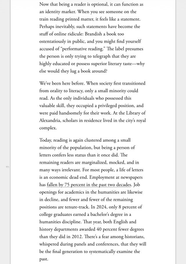 cszabla's tweet photo. atlantic “end of reading” piece may be the first I’ve seen to connect mockery of “performative reading” to the decline of the humanities as part of the lost status of literacy as short form video influencers become “the guardians of culture” https://t.co/hE8pZ5ISsQ
