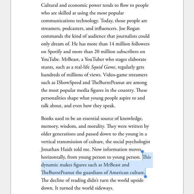 cszabla's tweet photo. atlantic “end of reading” piece may be the first I’ve seen to connect mockery of “performative reading” to the decline of the humanities as part of the lost status of literacy as short form video influencers become “the guardians of culture” https://t.co/hE8pZ5ISsQ