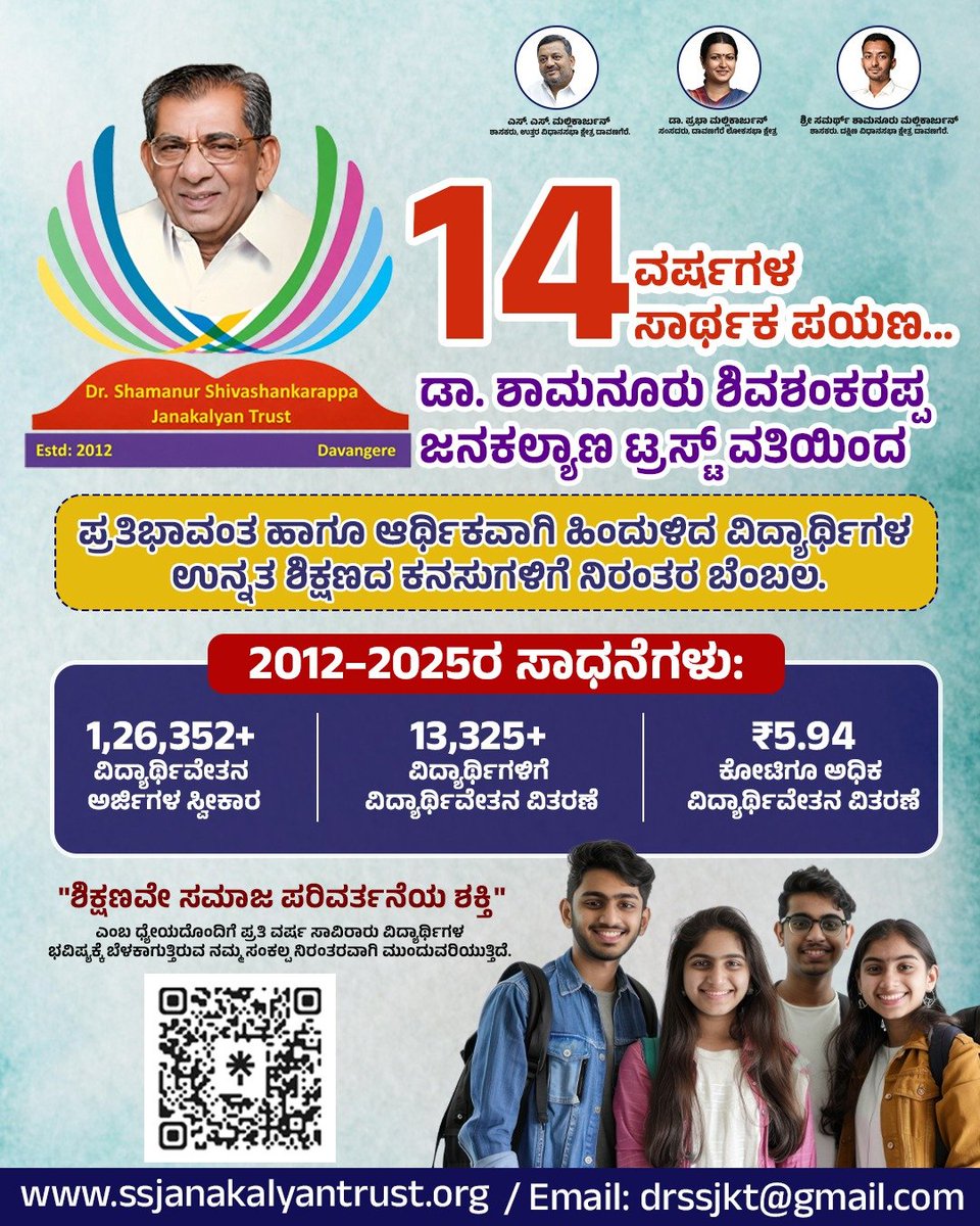 DrPrabhaSSM's tweet photo. 14 ವರ್ಷಗಳ ಸಾರ್ಥಕ ಪಯಣ...

ಡಾ. ಶಾಮನೂರು ಶಿವಶಂಕರಪ್ಪ ಜನಕಲ್ಯಾಣ ಟ್ರಸ್ಟ್ ವತಿಯಿಂದ
ಪ್ರತಿಭಾವಂತ ಹಾಗೂ ಆರ್ಥಿಕವಾಗಿ ಹಿಂದುಳಿದ ವಿದ್ಯಾರ್ಥಿಗಳ ಉನ್ನತ ಶಿಕ್ಷಣದ ಕನಸುಗಳಿಗೆ ನಿರಂತರ ಬೆಂಬಲ.
#14YearsOfImpact #EducationForAll #ScholarshipSupport https://t.co/Cz3X43N2z9