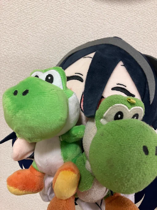 俺の大好きなぬいを紹介するぜ! •スネイルちゃん(Snail's House) •てまぬい(学マス) •ヨッシー×2(右10年前、左最近買った)
