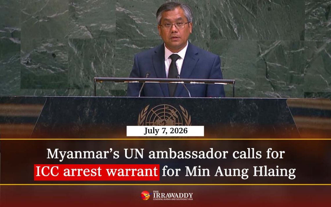 thainsoe_x's tweet photo. Myanmar’s UN Ambassador Kyaw Moe Tun on Monday urged the International Criminal Court to consider issuing an arrest warrant against coup leader Min Aung Hlaing for his crimes against the people. #WhatsHappeningInMyanmar https://t.co/RusWRRIVUW