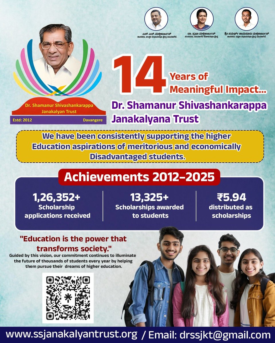 SS_Mallikarjun_'s tweet photo. 14 ವರ್ಷಗಳ ಸಾರ್ಥಕ ಪಯಣ...

ಡಾ. ಶಾಮನೂರು ಶಿವಶಂಕರಪ್ಪ ಜನಕಲ್ಯಾಣ ಟ್ರಸ್ಟ್ ವತಿಯಿಂದ
ಪ್ರತಿಭಾವಂತ ಹಾಗೂ ಆರ್ಥಿಕವಾಗಿ ಹಿಂದುಳಿದ ವಿದ್ಯಾರ್ಥಿಗಳ ಉನ್ನತ ಶಿಕ್ಷಣದ ಕನಸುಗಳಿಗೆ ನಿರಂತರ ಬೆಂಬಲ.
#14YearsOfImpact #EducationForAll #ScholarshipSupport https://t.co/4O5vkRekNT