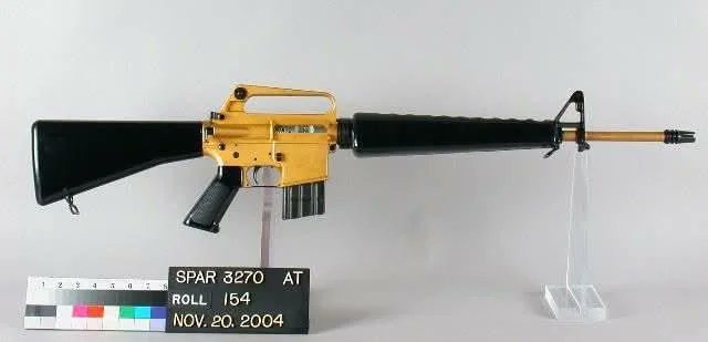 DocStrangelove2's tweet photo. A gold plated XM16E1 that was specially made by Colt to be given to President JFK. https://t.co/j6keMdJOIi