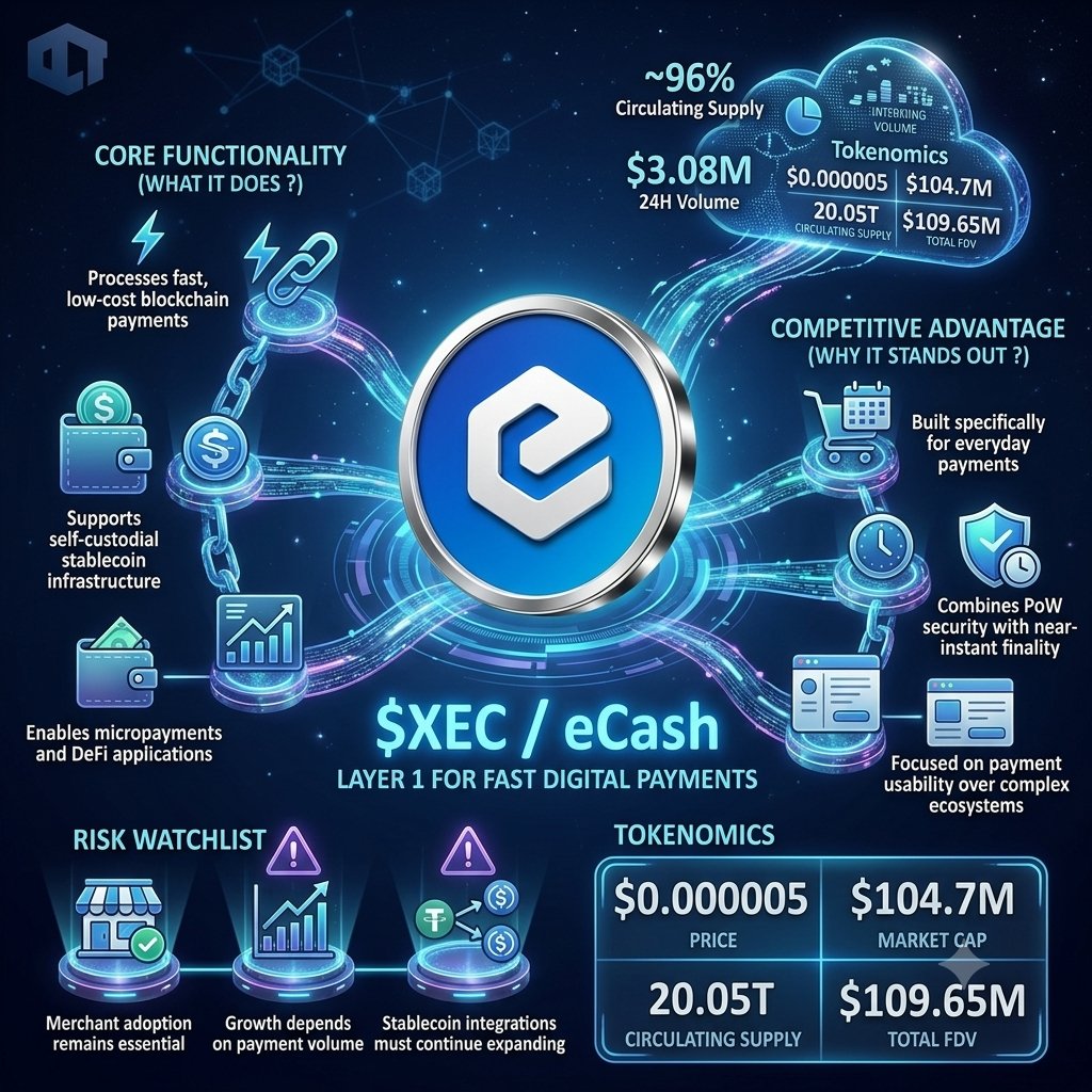 DODBNB's tweet photo. 🚀 Real digital cash is being built right now… and almost no one is paying attention.

While the market chases hype and memes, @eCash  ($XEC) stays focused on one thing: making blockchain feel like actual cash.

Just launched Firmacash, a self-custodial stablecoin platform on eCash. Instant settlements. Near-zero fees. Full user control.

Yet $XEC is still sitting at only ~$105M market cap.

Why?

Because eCash isn’t trying to be another DeFi playground. It’s built for real payments:
- Fast & cheap micropayments
- PoW security + Avalanche for near-instant finality
- Stable block times thanks to Heartbeat
- Clean development with zero major drama

Supply: ~20T circulating / 21T max.  
Value comes from usage, not scarcity.

If you believe the future needs usable on-chain money, $XEC might be one of the most undervalued projects in crypto right now.

What do you think, sleeper hit or still too early?

DYOR. NFA.

#XEC #eCash #DigitalCash