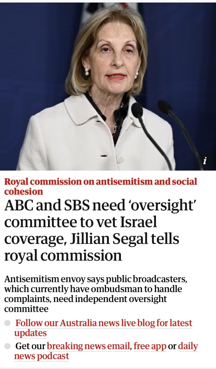 DougCameron51's tweet photo. According to Jillian Segal the ABC and SBS need oversight of its reporting on Gaza and they should run +ve stories about Israel.
I reckon truthful reporting on Israels inhumanity, ethnic cleansing, apartheid and genocide is essential.
This should be the Royal Commissions priority https://t.co/GZcb8EqkTv