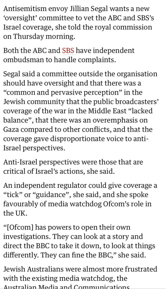 DougCameron51's tweet photo. According to Jillian Segal the ABC and SBS need oversight of its reporting on Gaza and they should run +ve stories about Israel.
I reckon truthful reporting on Israels inhumanity, ethnic cleansing, apartheid and genocide is essential.
This should be the Royal Commissions priority https://t.co/GZcb8EqkTv