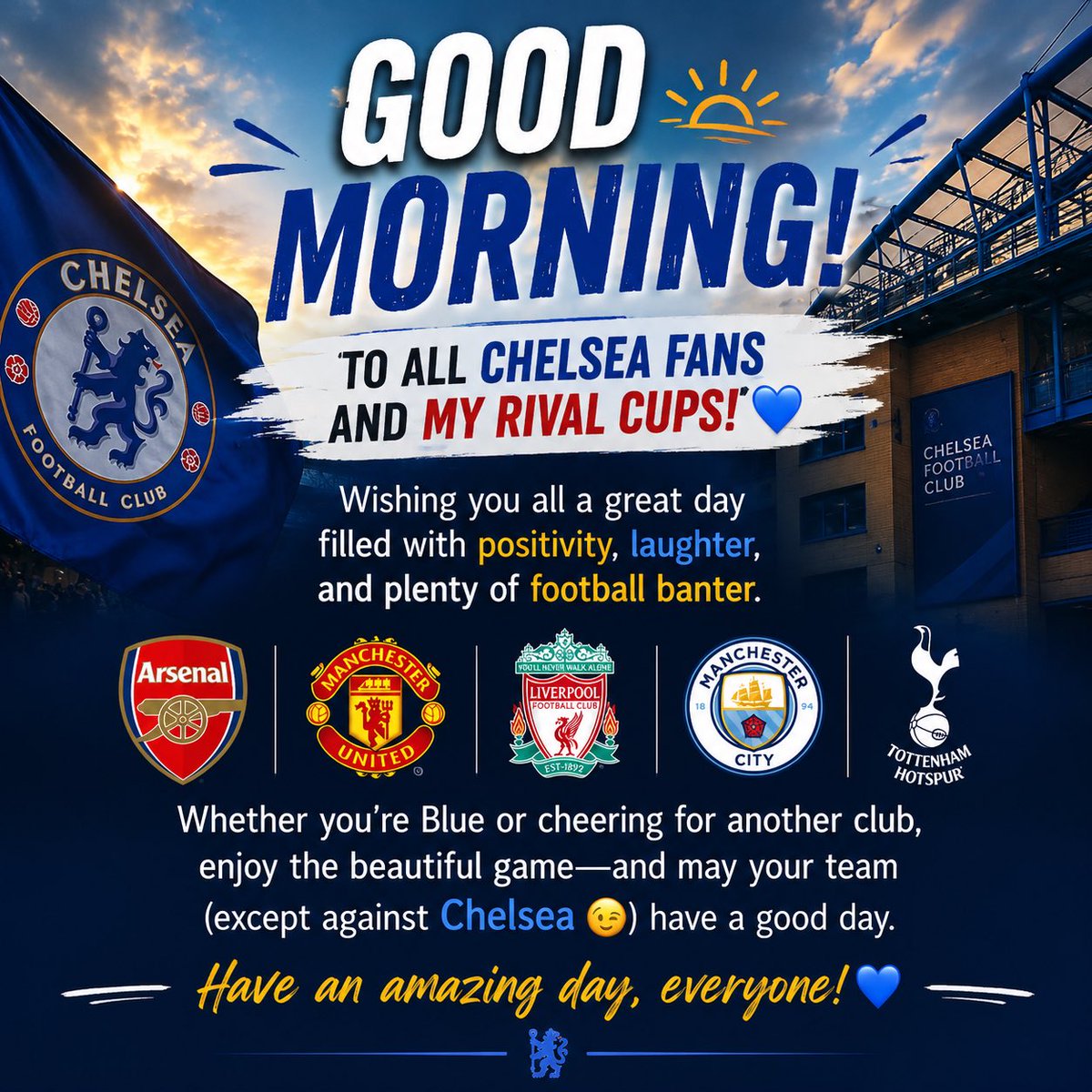 Elizabethk8j's tweet photo. A special good morning to every Chelsea fan and to all my rival club fans too! ⚽💙❤️ https://t.co/WSliZ9eFmW