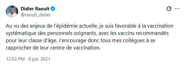 NBouvierOff's tweet photo. Professeur @raoult_didier, 
 
Il y a 5 ans, vous avez publié ce tweet qui n'a laissé personne indifférent.
 
Auparavant, je faisais partie des Français qui vous suivaient assidûment, depuis votre "apparition" médiatique en février 2020 pour nous parler de l'hydroxychloroquine et de l'azythromicine afin de traiter le covid 19.
 
Respecté en tant que directeur de l'IHU Méditerrannée à Marseille, je vous ai lu pendant des mois tout en suivant avec intérêt vos interventions médiatiques, notamment dans votre bureau, pour nous parler des virus, des vaccins, des zoonoses ou encore des élevages de visons.
 
Je précise que je suis apartisan, asyndical, avec un casier judiciaire vierge, non suicidaire et affilié à aucun réseau hermétique, n'étant pas issu du secteur médical ni scientifique.
 
Avant de présenter des émissions, j'étais donc un spectateur classique et, comme des millions de Français, j'avais foi en vos analyses sans verser pour autant dans la vénération ni l'idôlatrie.
 
Pour autant, ce tweet a été une gifle monumentale à la face de tous ceux qui résistaient vaillamment, jusque dans leur famille, à la tyrannie covidiste.
 
Vous-même disiez que des politiques, des vedettes venaient aisément à votre IHU pour se faire soigner pendant que, "en même temps", ces mêmes personnes incitaient à l'injection.
 
Avez-vous subi des menaces, des pressions pour en arriver à ce tweet ?
Beaucoup de citoyens, moi le premier, ont été choqués par cette prise de position qui, en conséquence, a signé un arrêt de mort social (voire physique) pour un nombre incalculable de Français.
 
En effet, 3 jours après ce tweet, Emmanuel Macron faisait cette terrible allocution concernant le pass sanitaire, puis vaccinal, qui aboutit à la loi du 5 août 2021, puis à sa mise en place le 15 septembre 2021.
 
Aujourd'hui, nous avons toutes les preuves que les injections ont été programmées pour nous détruire. Vous-même le saviez, puisque vous l'avez reconnu publiquement en disant que les procédés étaient en totale violation de la Convention d'Ovedio de 1997, du protocole de Strasbourg de 2005 ou encore de la Convention d'Helsinki.
 
Un autre professeur qui vous est proche m'a même avoué récemment que vous aviez obligé toute votre équipe de l'IHU à la vaccination six mois avant l'obligation vaccinale. 
Pour quels motifs ? 
Avez-vous donné l'exemple ? 
Ou avez-vous fait comme M. Bourla, PDG de Pfizer, qui a refusé lui-même sa propre injection ?
 
5 ans se sont écoulés, professeur Raoult et les victimes s'accumulent d'année en année. 
 
Il est temps de faire un examen de conscience.
 
Nicolas BOUVIER