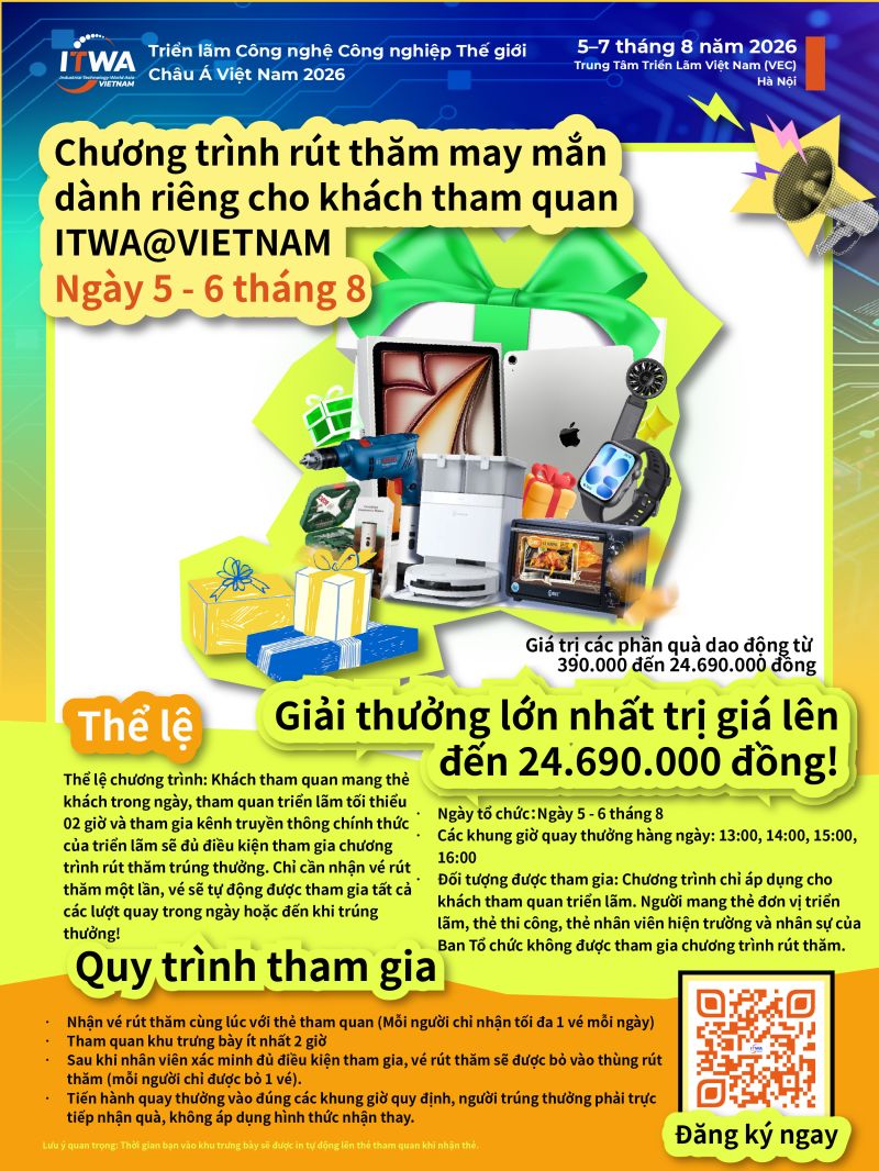FilmandTapeEXPO's tweet photo. 🎁 Rút Thăm May Mắn ITWA@Vietnam!

📅 5–7/8 | 📍 VEC
🏆 Giải thưởng lên đến 24.690.000 VNĐ!
Tham gia:
✅ Đeo thẻ tham quan
✅ Ở lại 2+ giờ
✅ Tham gia cộng đồng chính thức
🎉 Quay số mỗi ngày – 1 vé, nhiều cơ hội!

🎟 Đăng ký miễn phí: https://t.co/g3H2BlkARO https://t.co/njQZm7Q5Jt