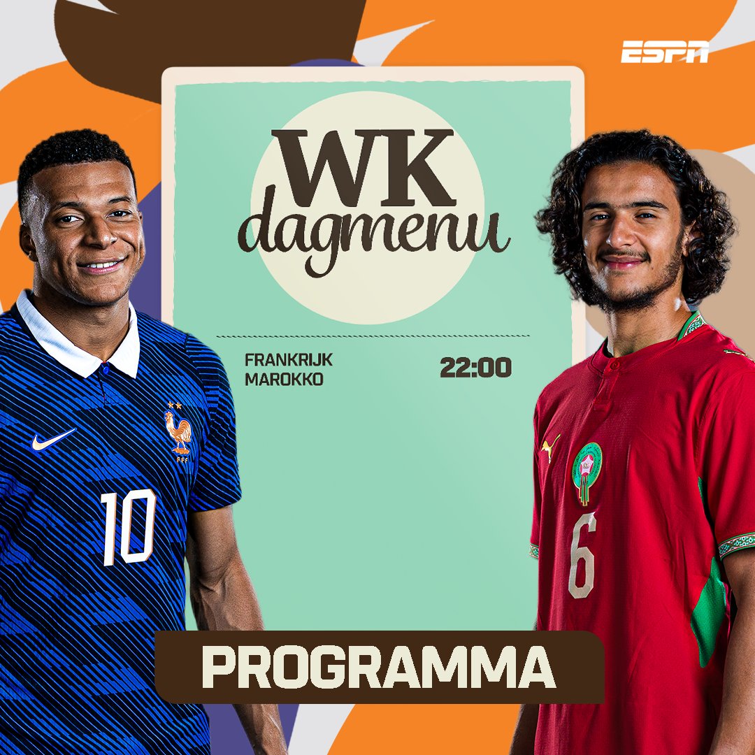 ESPNnl's tweet photo. 𝐖𝐊-𝐝𝐚𝐠𝐦𝐞𝐧𝐮: Marokko wacht topduel met Frankrijk voor een plek in de halve finale 🇫🇷🇲🇦

🔗 https://t.co/m9TUxNfbAV https://t.co/Wrcd65SlSt