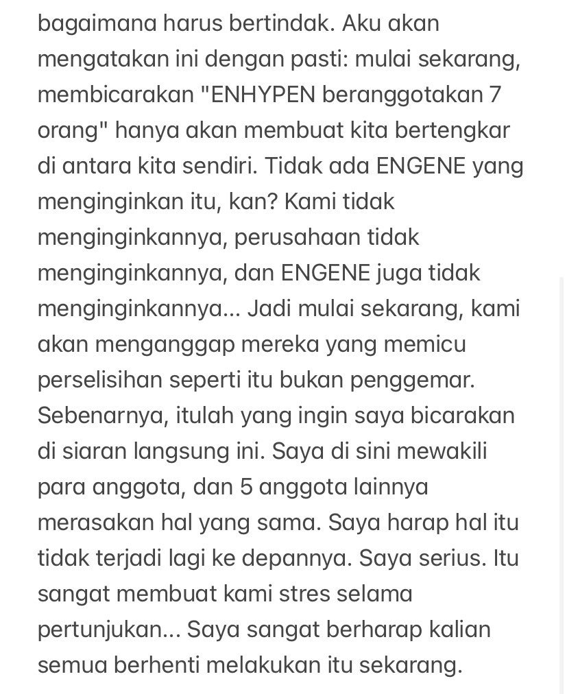 nssimjyn's tweet photo. sampai sini harusnya paham ya guys… hargai member yang udah mengubah semuanya buat menampilkan yang terbaik, untuk siapaa? YA UNTUK ENGENE jadi tolong banget hargai itu… member juga terganggu loh sama ituu? sesusah itu menghargai ENHYPEN yang sekarang? kalau gak bisa menghargai silakan pergi…

aku harap kedepannya gak begini lagi, jungwon juga udah speak up begini.. kalau masih ada aja yang bandel, udahlah gak tau lagi harus diomongin pake bahasa apa lagi..