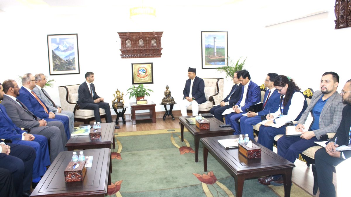 MofaNepal's tweet photo. H. E. Dr Thani bin Ahmed Al Zeyoudi, Minister of Foreign Trade of the United Arab Emirates and the accompanying delegation paid a courtesy call on Minister for Foreign Affairs Hon. Mr Shisir Khanal, at the Ministry today. 

During the meeting, the two Ministers exchanged views on strengthening bilateral relations between Nepal and the United Arab Emirates across a range of areas of mutual interest, including greater cooperation in trade, investment, AI, digital transformation, tourism, labour migration, infrastructure, renewable energy as well as increased Sovereign Wealth Fund investment in priority sectors.

Hon. Foreign Minister further underscored the enduring friendship and growing cooperation between the two countries while highlighting the Government of Nepal's aspiration to make the upcoming Golden Jubilee celebration of diplomatic relations a major milestone by securing UAE investment in various projects in Nepal. 

The Hon. Minister also urged the UAE Government to remove the requirement of further verification of the Police Report after attestation by the Department of Consular Services.