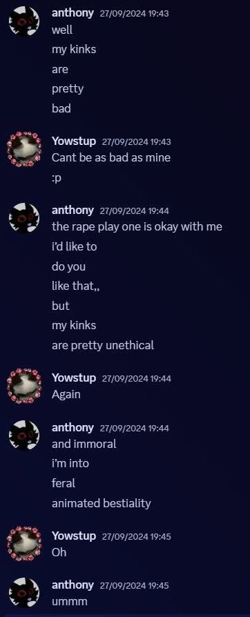 Willowl5z2's tweet photo. @Bluberri_Bleau @LuckyInHeat @ItsAkiio @FluffStuffff @notknawt @AprylFur Knawt is a zoophile talo is a pedophile. Talo sent nudes to a 17 year old when he was 20. https://t.co/xpmSDqCs1Y