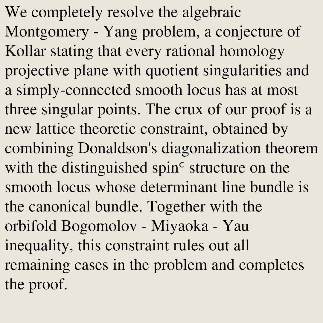 AlgebraicPapers's tweet photo. The Algebraic Montgomery-Yang Problem

Woohyeok Jo, Jongil Park, Kyungbae Park
https://t.co/mNE7FTJ54P [𝚖𝚊𝚝𝚑.𝙰𝙶 𝚖𝚊𝚝𝚑.𝙶𝚃] https://t.co/4tJneWzOER