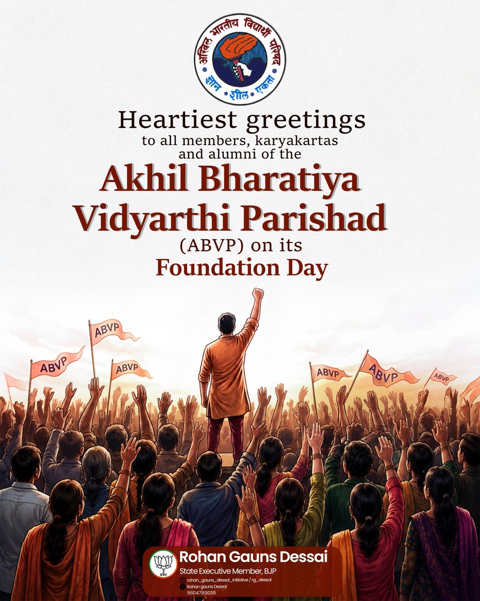 rohan_gauns_des's tweet photo. Warm greetings to every member, karyakarta, and alumnus of the Akhil Bharatiya Vidyarthi Parishad (ABVP) on its Foundation Day.
.
.
.
#AkhilBharatiyaVidyarthiParishad #bjp #goa #kudchade #rohangaunsdessai https://t.co/xkEdKUp18Y