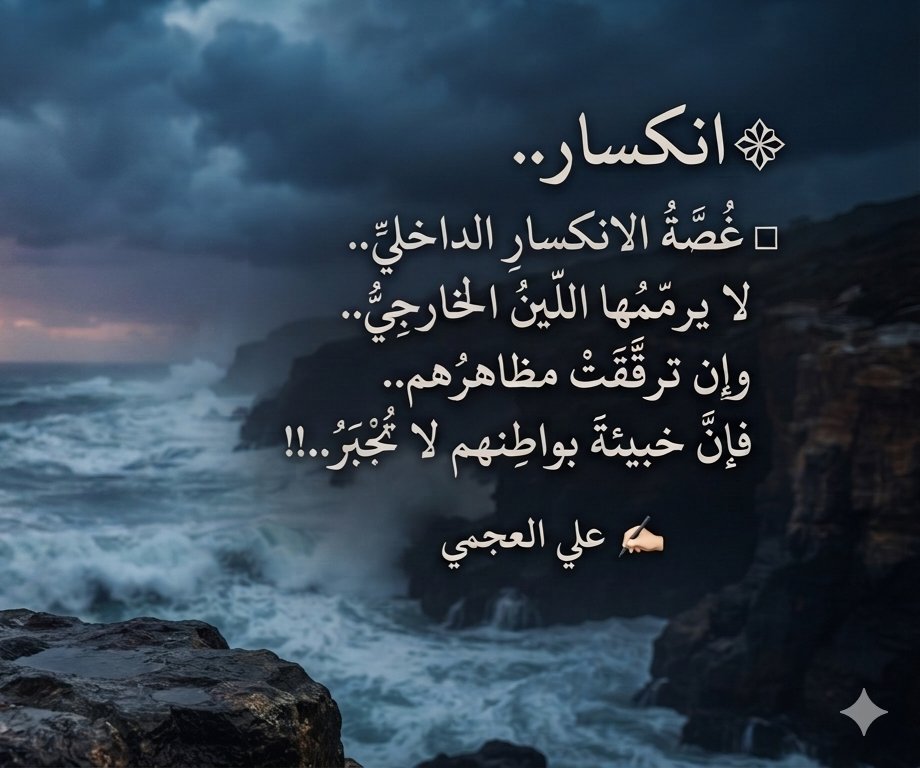 ali_pulses's tweet photo. ━❀❃❀━
💠 انكسارٌ..
▫️ غُصَّةُ الانكسارِ الداخليِّ..
لا يرمِّمُها اللِّينُ الخارجيُّ.. وإن ترقَّقَتْ مظاهرُهم.. فإنَّ خبيئةَ بواطنِهم لا تُجْبَرُ..!!
━❀❃❀━
#نبض_علي https://t.co/qtZjK0AEN7