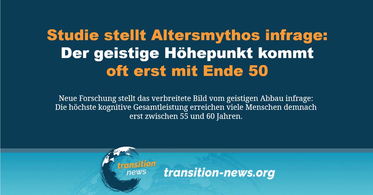 C_Transition2's tweet photo. Die Vorstellung, dass die geistige #Leistungsfähigkeit nach den Zwanzigern unaufhaltsam nachlässt, gehört zu den hartnäckigsten #Mythen unserer Zeit. 

Weiterlesen ... (https://t.co/ifgJhUKTA4)

#transitionnews #Studie #Alter #Leistung https://t.co/mRYJ6HWD8i