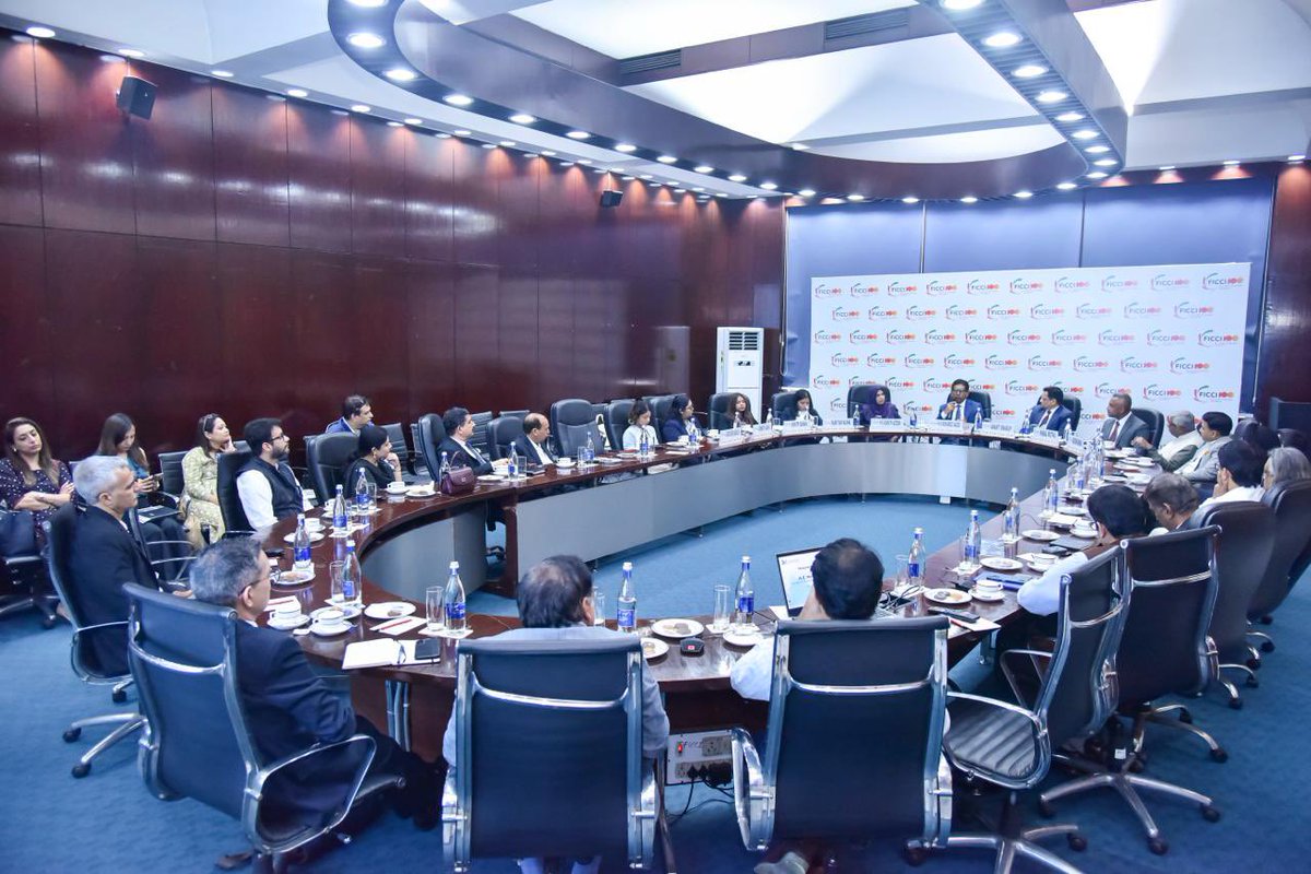 MoEDmv's tweet photo. Minister @em_saeed delivered a special address at a @ficci_india roundtable discussion, underscoring opportunities to deepen India–Maldives economic engagement and enhance private sector collaboration. The session brought together key stakeholders to exchange views on advancing trade and investment priorities.