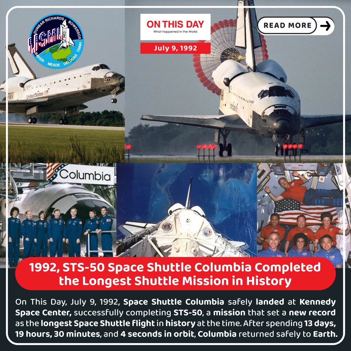 OnThisDayInWor1's tweet photo. #OnThisDay 1992, STS-50 Space Shuttle Columbia Completed the Longest Shuttle Mission in History 🚀

On This Day, July 9, 1992, Space Shuttle Columbia safely landed at Kennedy Space Center.

@nasa

#history #HistoryFacts #STS50 #NASA #SpaceShuttle https://t.co/85T9L3veJd